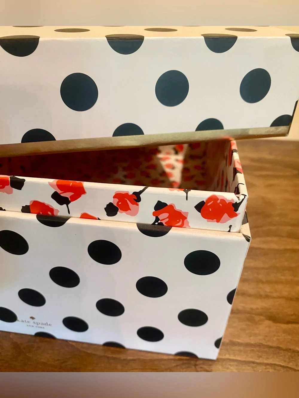 Kate Spade Black & White Polka Dot Nesting Storage Box, Gold Trim, Floral Inside